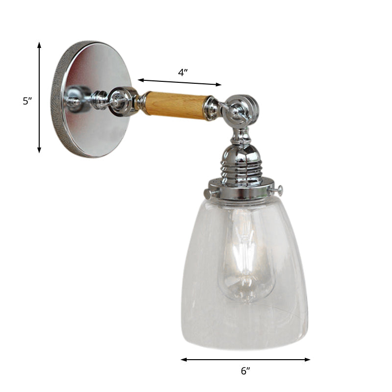 Single-layer wall lamp with dome shade clear glass industrial living room light, 8"/4"/6" L wood arm
