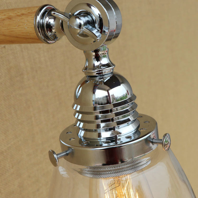 Single-layer wall lamp with dome shade clear glass industrial living room light, 8"/4"/6" L wood arm