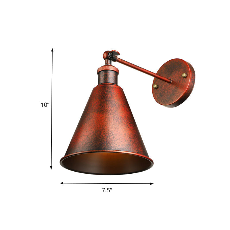 Black/Rust 1 Head Wall Lamp Farmhouse Style Wrought Iron Conical Adjustable Wall Light Fixture for Outdoor