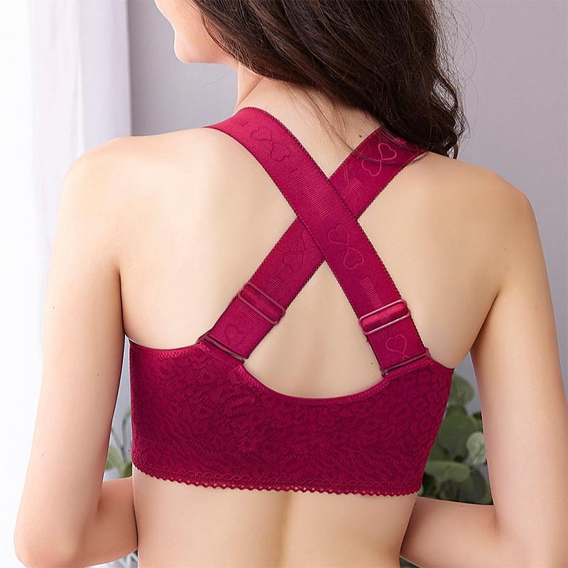 Bra with front closure and crossed straps