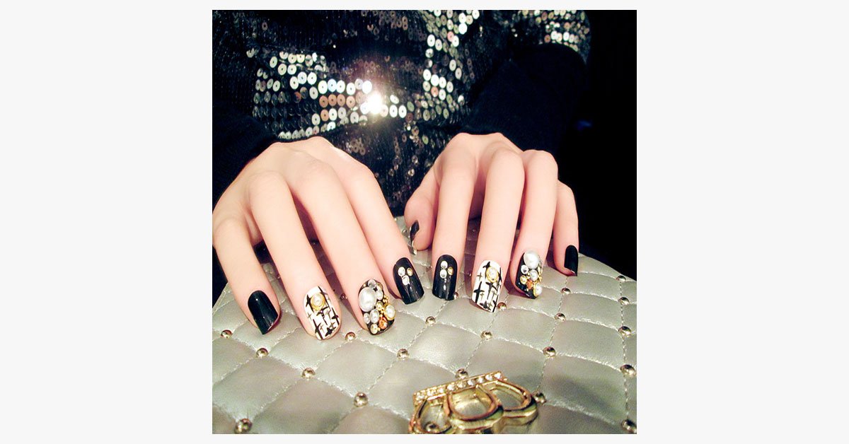 Black Rhinestone Nails