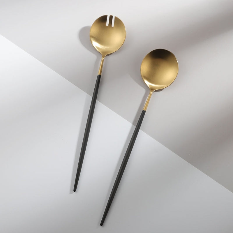 Black and gold salad cutlery and serving utensils set