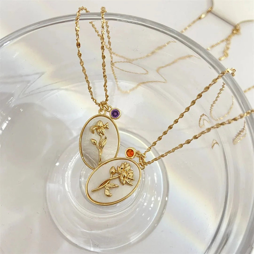 14k Dainty Birth Month Stone & Flower Charm Necklace