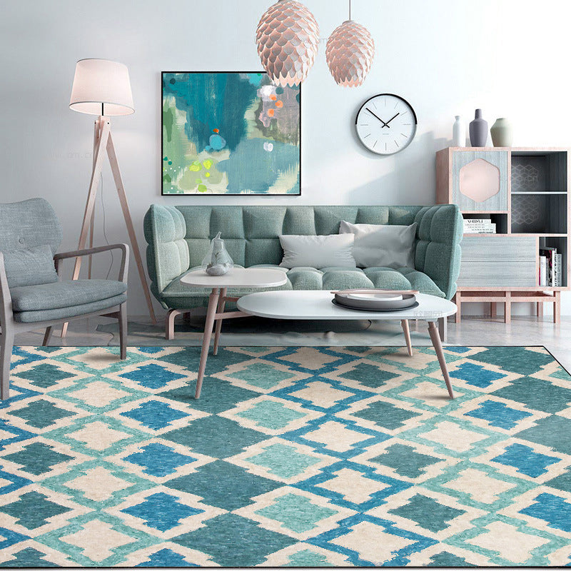 Geometric Southwest Rug Blue Diamond Trellis Rug Anti-slip Back Power Loom Indoor Rug