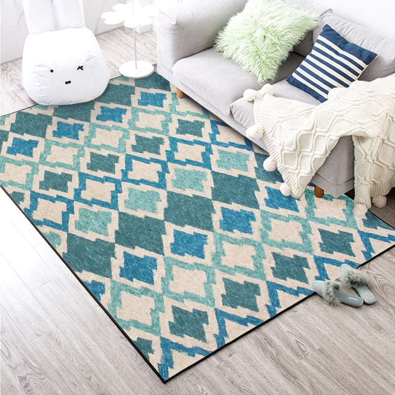 Geometric Southwest Rug Blue Diamond Trellis Rug Anti-slip Back Power Loom Indoor Rug