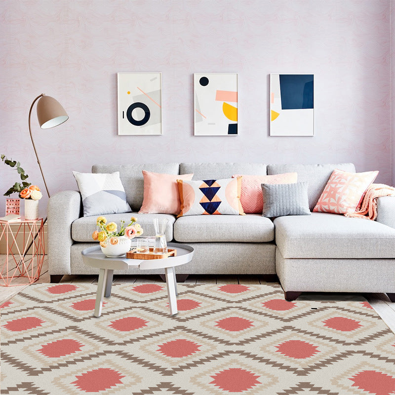 Geometric Southwest Rug Red Diamond Grid Rug Synthetic Non-Slip Pet Friendly Area Rug for Living Room