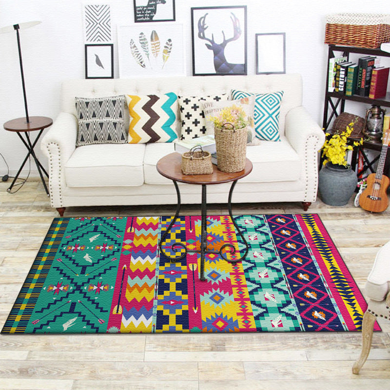 Banded Aztec Tokens Rug Geometric Tribal Symbols Rug Synthetic Non-Slip Pet-Friendly Indoor Rug for the Living Room