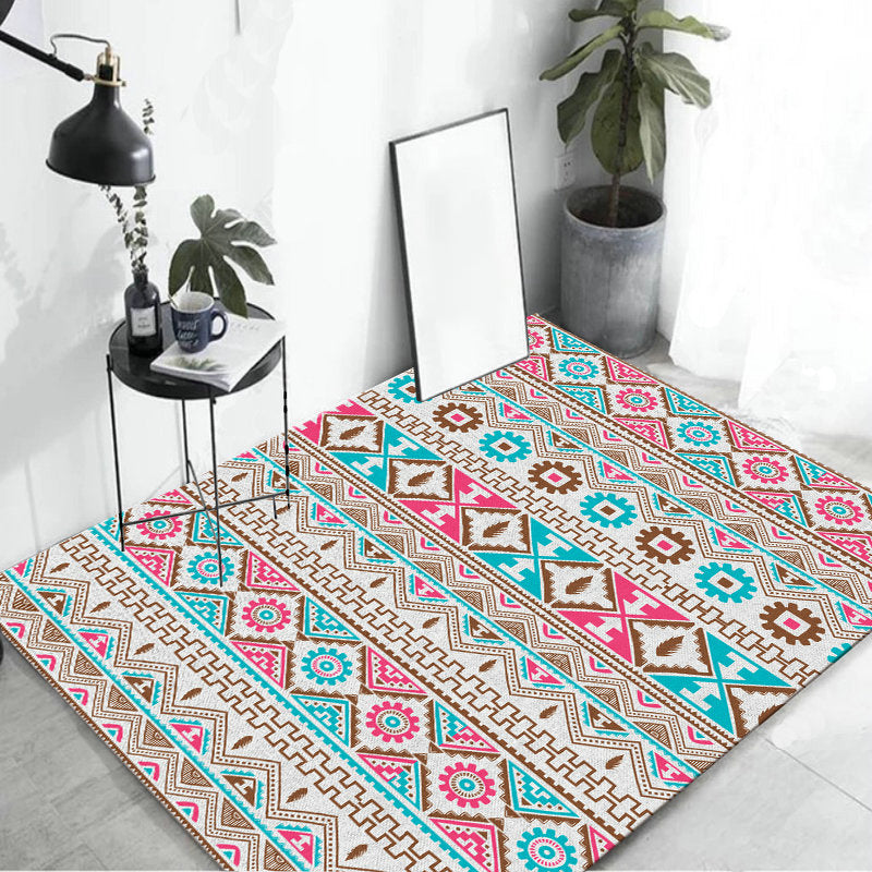 Banded Tribal printed rug with Native symbols washable non-slip stain-resistant rug for the bedroom in blue and pink