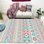 Banded Tribal printed rug with Native symbols washable non-slip stain-resistant rug for the bedroom in blue and pink