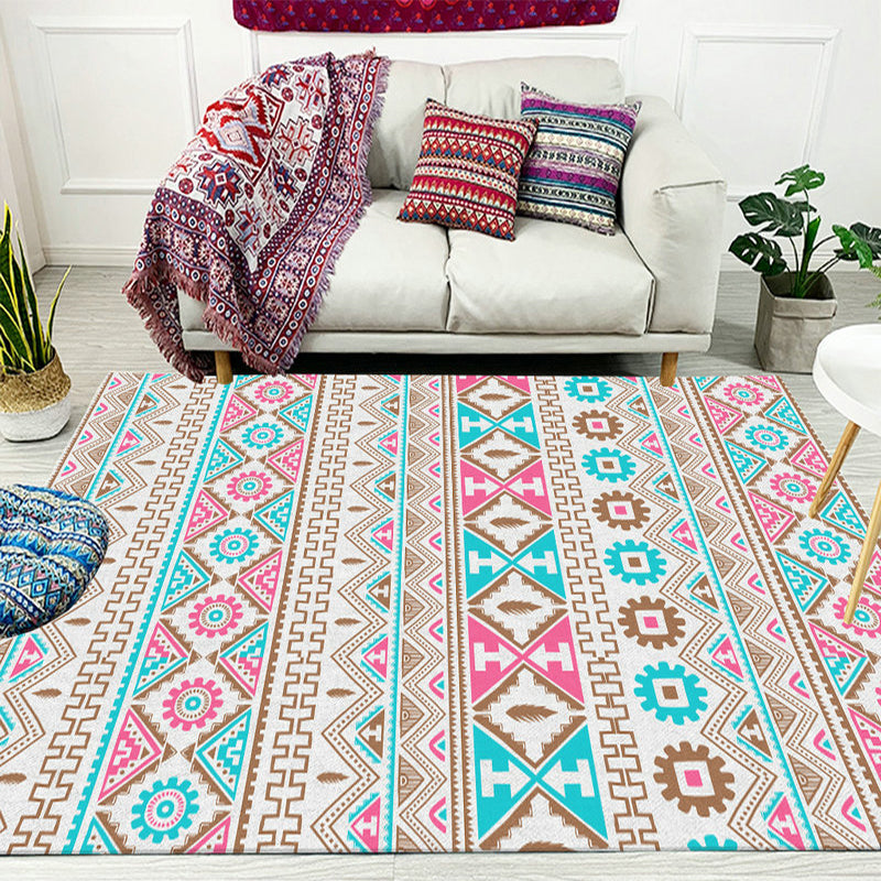 Banded Tribal printed rug with Native symbols washable non-slip stain-resistant rug for the bedroom in blue and pink