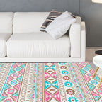 Banded Tribal printed rug with Native symbols washable non-slip stain-resistant rug for the bedroom in blue and pink