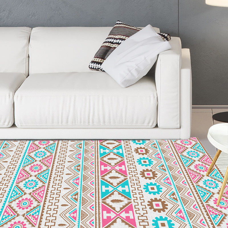 Banded Tribal printed rug with Native symbols washable non-slip stain-resistant rug for the bedroom in blue and pink