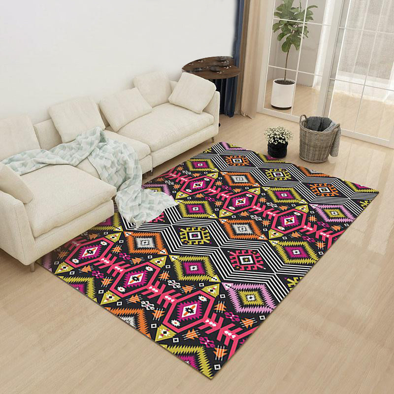 Yellow Pink Ancestral Diamond Carpet with Tribal Symbols Polyester Washable Pet-Friendly Area Rug for Fireplace