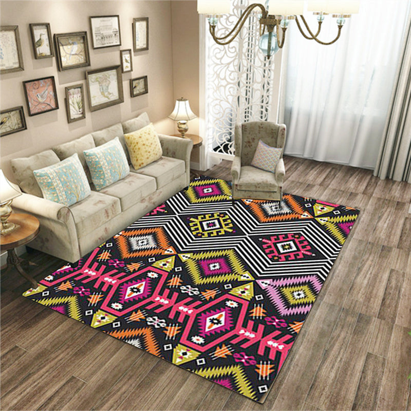 Yellow Pink Ancestral Diamond Carpet with Tribal Symbols Polyester Washable Pet-Friendly Area Rug for Fireplace