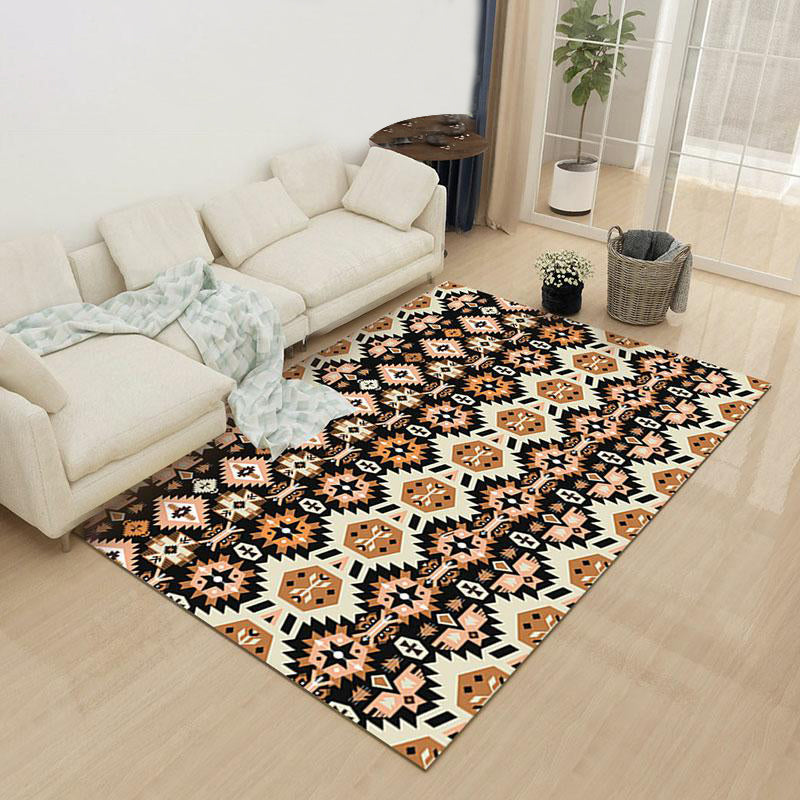 Yellow and Black Indian Tribal Printed Rug Diamond Geometric Polyester Non-Slip Back Stain Resistant Area Rug