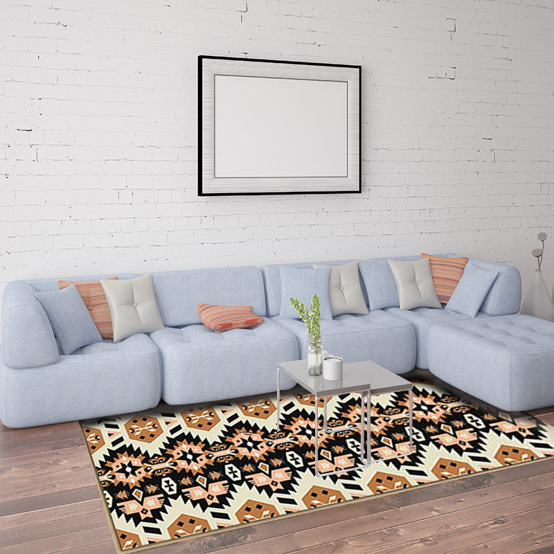 Yellow and Black Indian Tribal Printed Rug Diamond Geometric Polyester Non-Slip Back Stain Resistant Area Rug