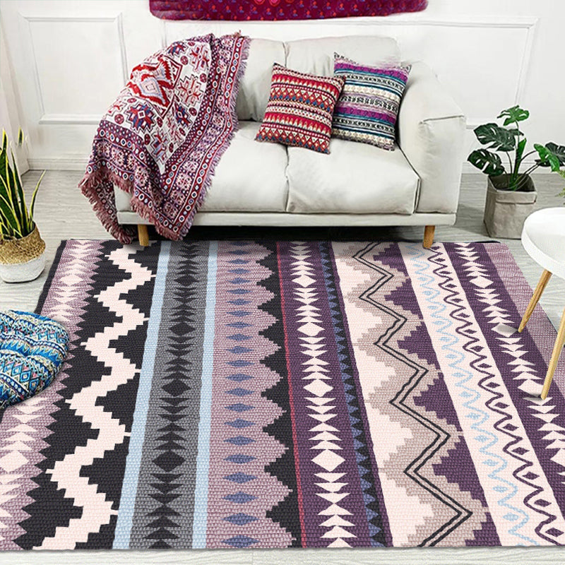 Purple Striped Chevron Geometric Rug Indian Tribal Indoor Mat Synthetic Non-Slip Power Loom Rug for Living Room