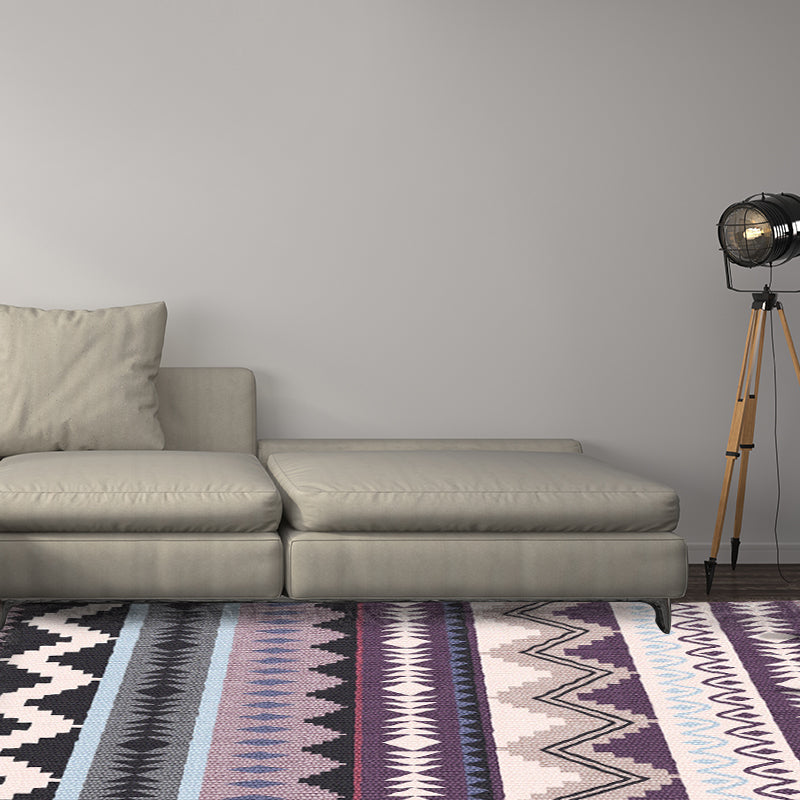 Purple Striped Chevron Geometric Rug Indian Tribal Indoor Mat Synthetic Non-Slip Power Loom Rug for Living Room