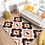 Aztec Tokens Tribal Indigenous Carpet with ethnic geometric diamond in orange and black polyester stain-resistant personal carpet
