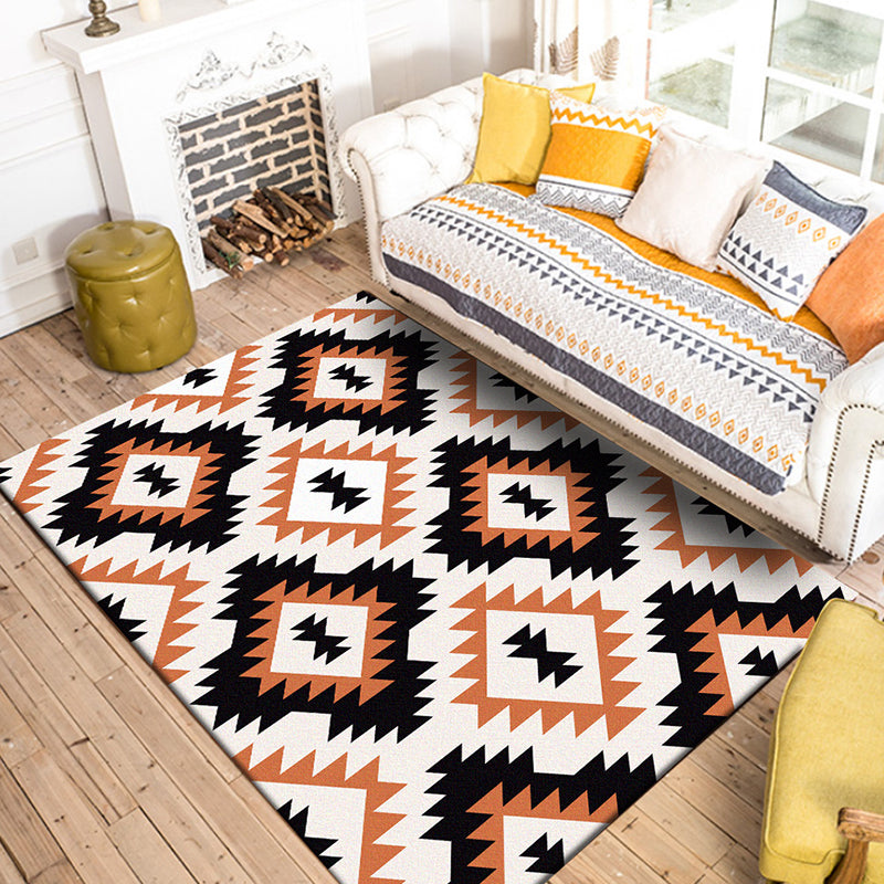 Aztec Tokens Tribal Indigenous Carpet with ethnic geometric diamond in orange and black polyester stain-resistant personal carpet