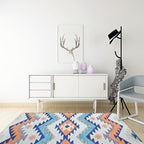 Striped Aztec Tokens Tribal Rug in Orange and Blue Synthetic Non-Slip Pet Friendly Rug for Living Room in Gray