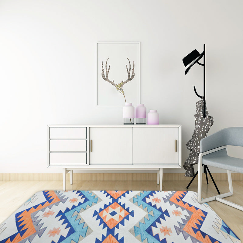Striped Aztec Tokens Tribal Rug in Orange and Blue Synthetic Non-Slip Pet Friendly Rug for Living Room in Gray