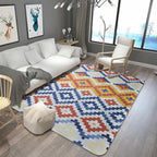 Tribal Ancestral Rug with Aztec Diamond in Orange and Blue, stain-resistant Power Loom rug for the bedroom
