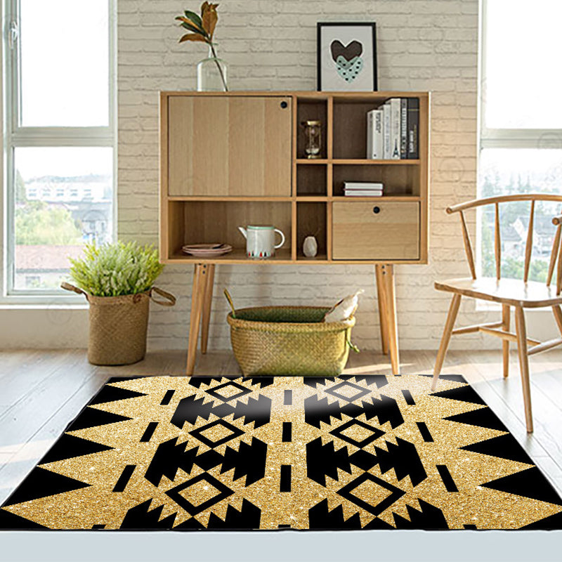 Zigzag Tribal-Diamond Rug in Gold and Black Polyester Non-Slip Back Power Loom Indoor Rug