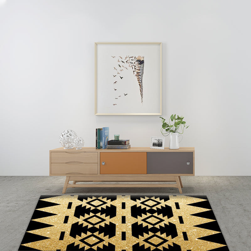 Zigzag Tribal-Diamond Rug in Gold and Black Polyester Non-Slip Back Power Loom Indoor Rug