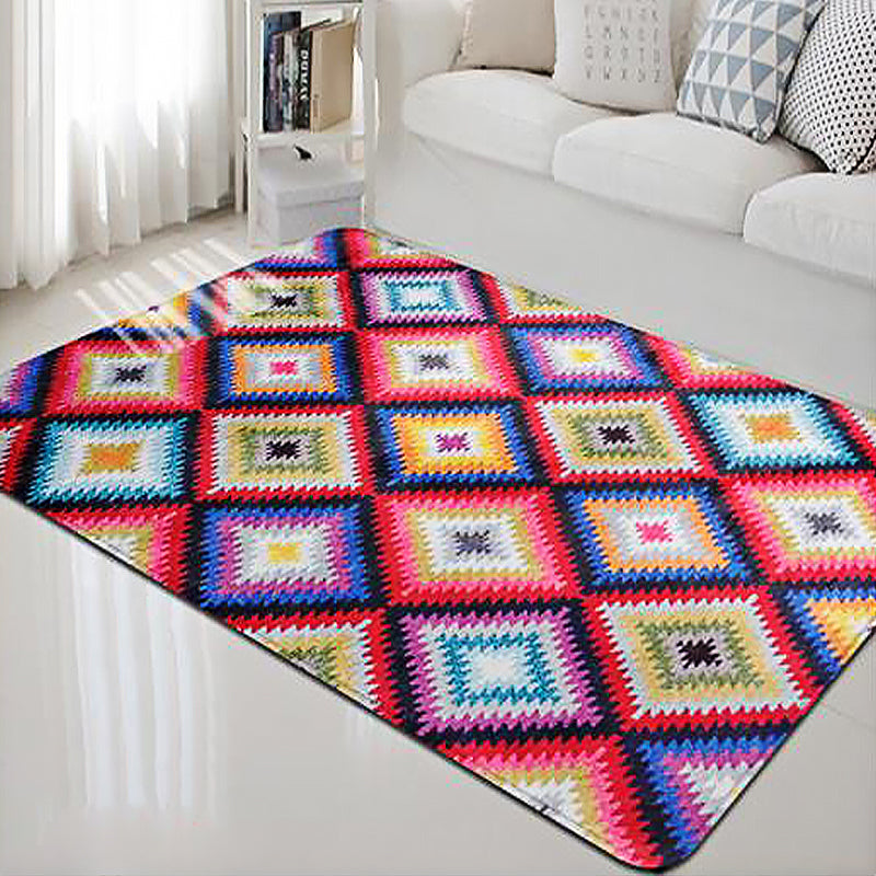 Retro-Diamond-Geometric Colorful Carpet Navajo Style Fabric Anti-Slip Pet Friendly Area Rug for Living Room