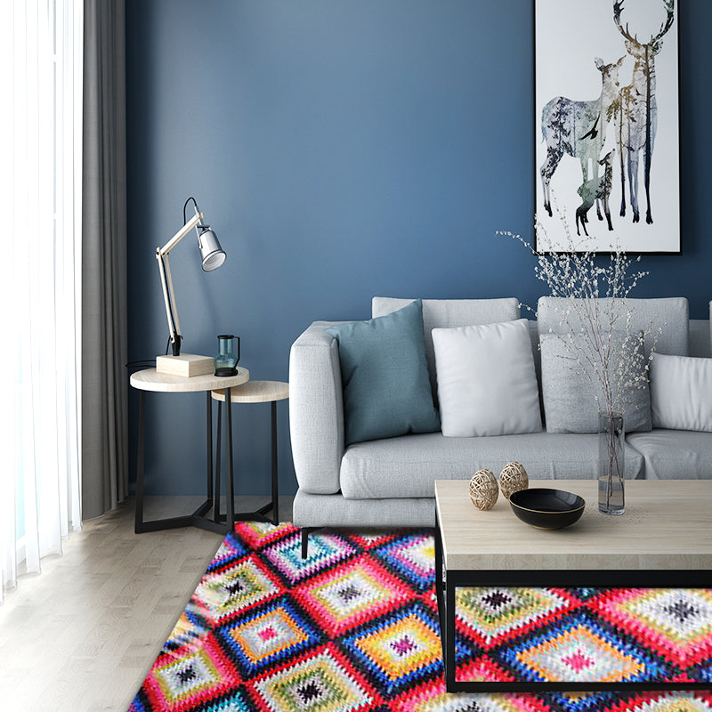 Retro-Diamond-Geometric Colorful Carpet Navajo Style Fabric Anti-Slip Pet Friendly Area Rug for Living Room