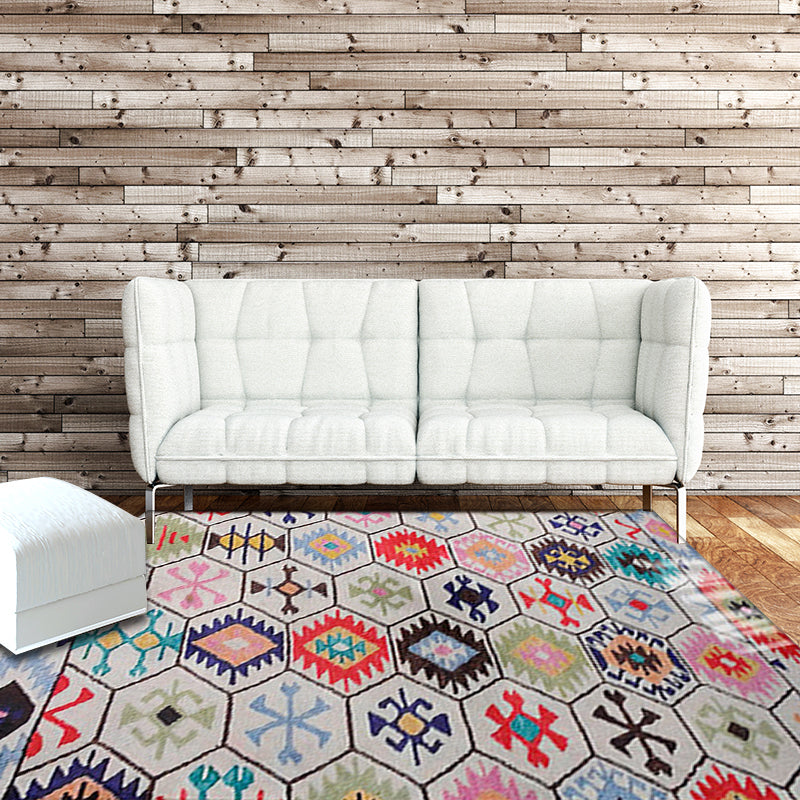 Tribal Diamond Geometric Fringe Rug with Native Classic Symbols Fabric Non-Slip Pet-Friendly Rug for Living Room
