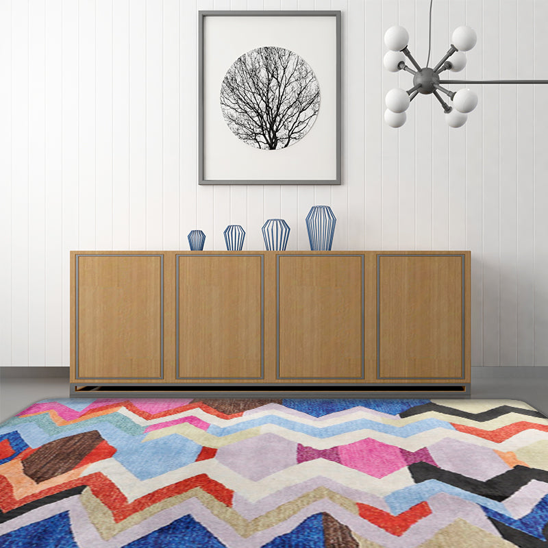 Abstract Colorful Mosaic Carpet with Striped Chevron Fabric Anti-Slip Power Loom Flooring for the Living Room