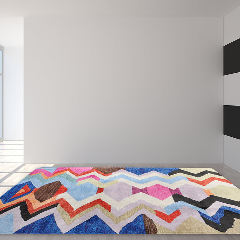 Abstract Colorful Mosaic Carpet with Striped Chevron Fabric Anti-Slip Power Loom Flooring for the Living Room