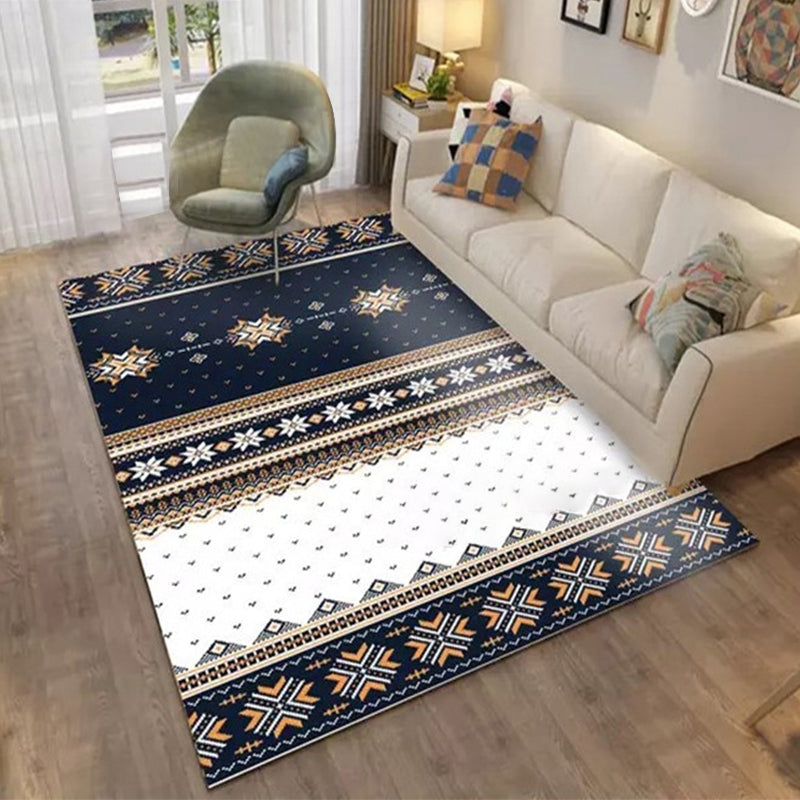 Blue Banded Tribal Carpet with Dots Artificial Anti-Slip Power Loom Flooring Carpet for the Living Room