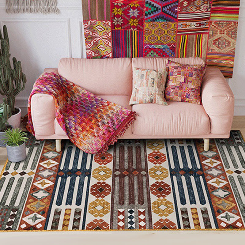 Brown Carnival Tribal Carpet Striped Geometric Flooring Carpet Fabric Non-Slip Powerloom Carpet for the Living Room