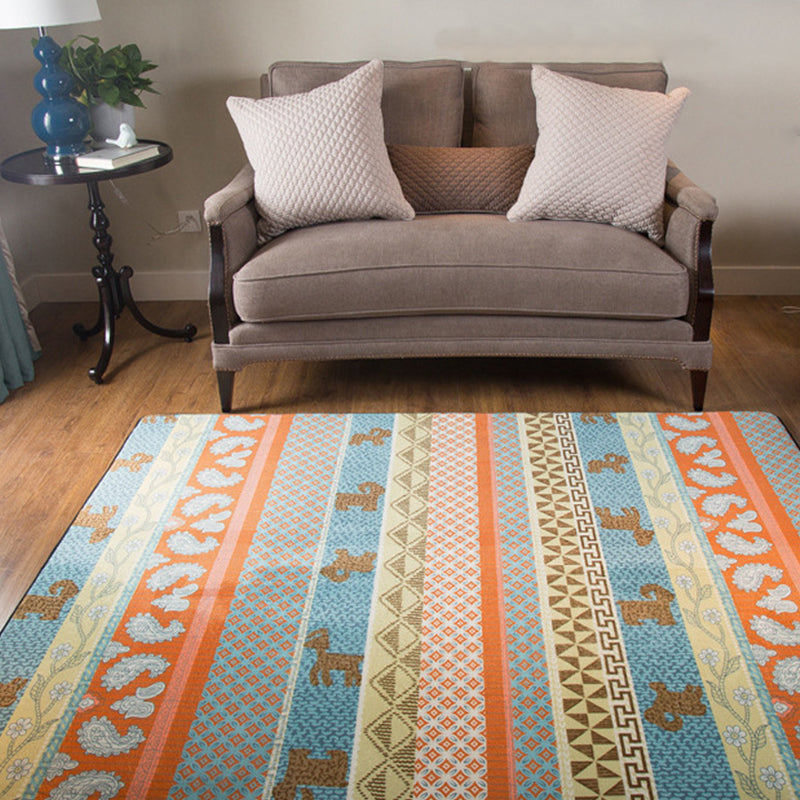 Living Room Rustic Orange Carpet Striped Paisley Carpet with Animal Polyester Pet Friendly Stain Resistant Area Rug
