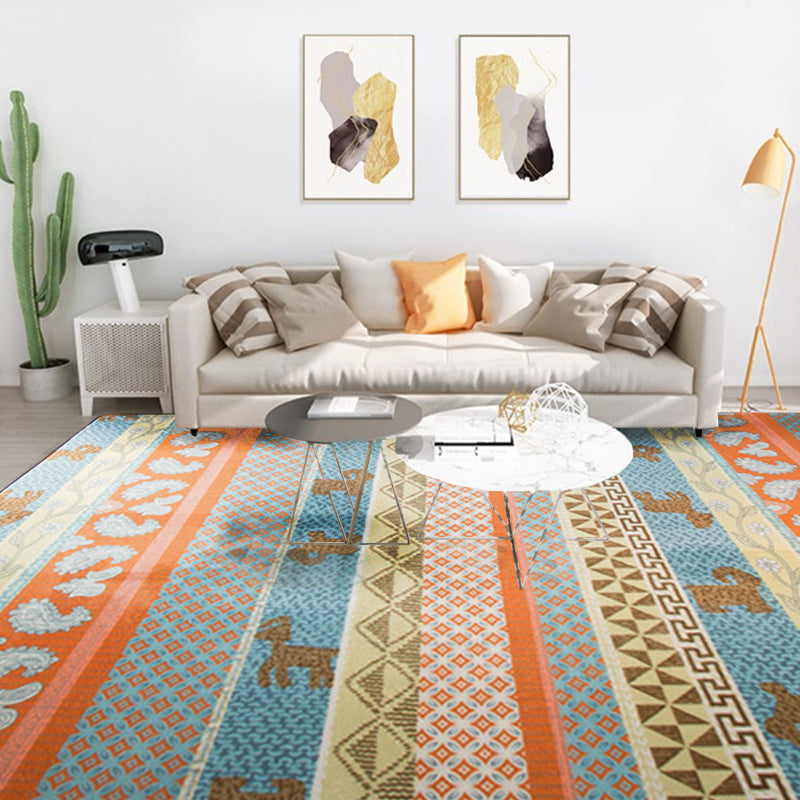 Living Room Rustic Orange Carpet Striped Paisley Carpet with Animal Polyester Pet Friendly Stain Resistant Area Rug