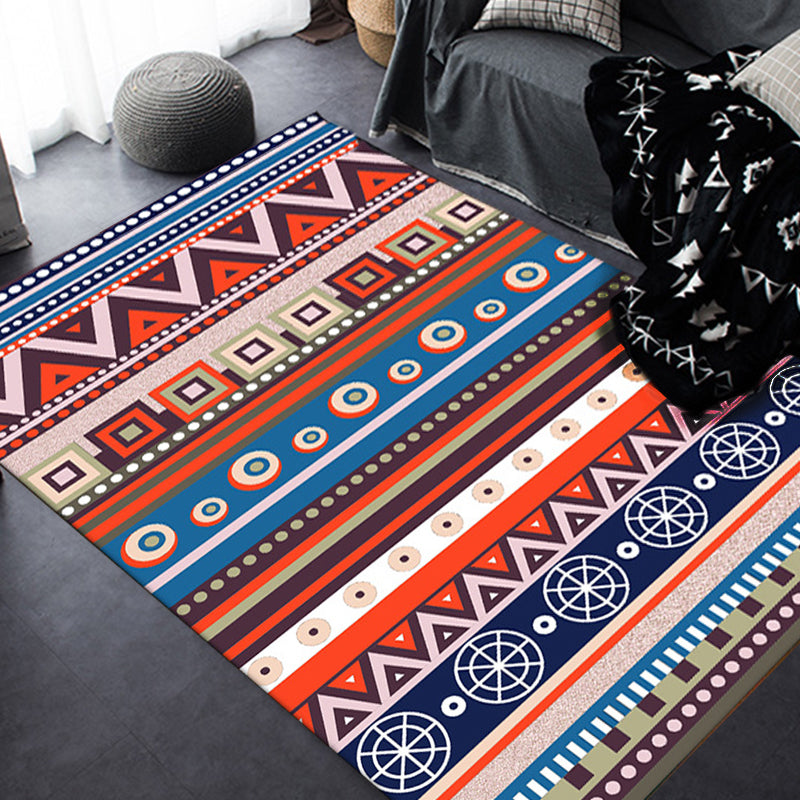 Blue and Red Americana Tribal Rug Striped Geometric Polyester Pet-Friendly Stain-Resistant Area Rug for Accent Area