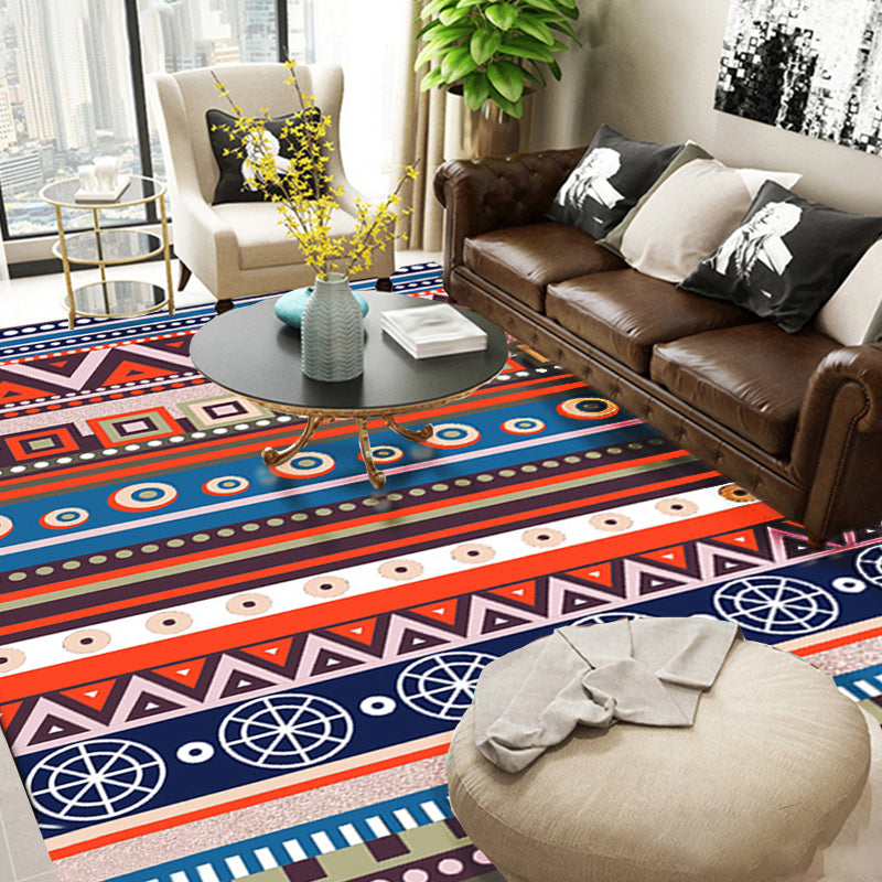 Blue and Red Americana Tribal Rug Striped Geometric Polyester Pet-Friendly Stain-Resistant Area Rug for Accent Area