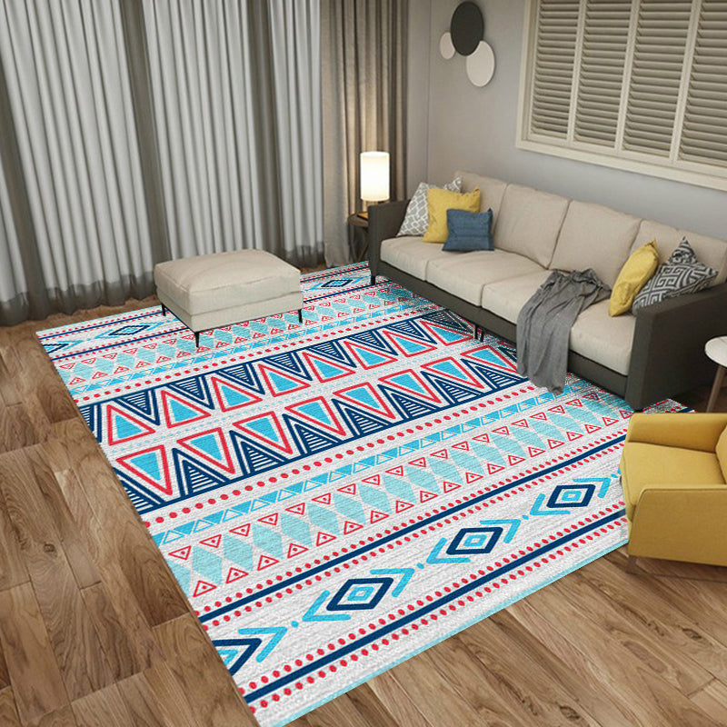 Americana Tribal Striped Geometric Blue Rug Polyester Power Loom Pet-Friendly Area Rug for Accent Area