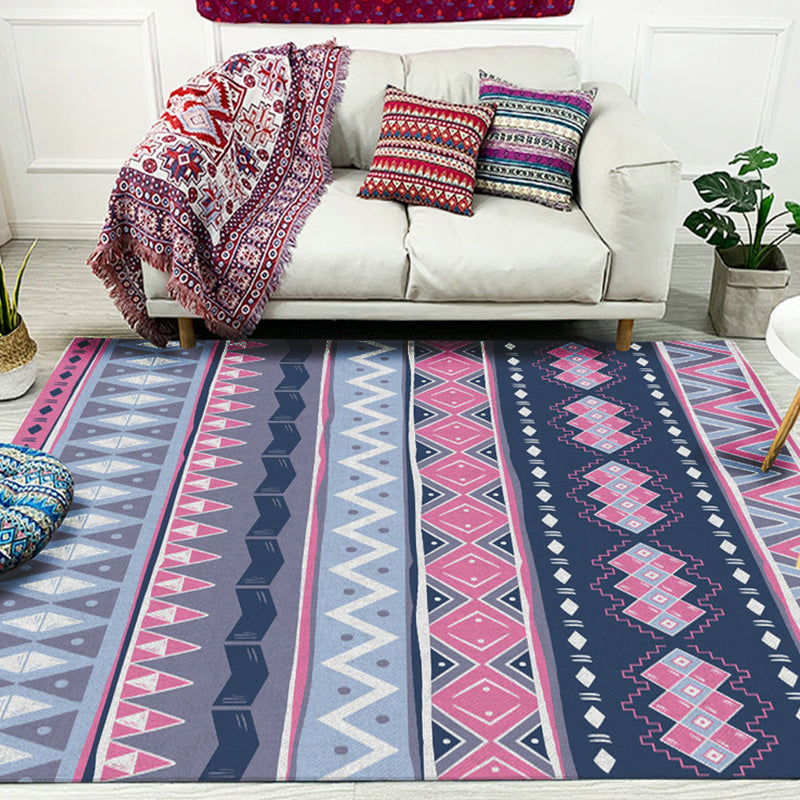 Blue Pink Striped Geometric Rug Americana Tribal Polyester Rug Pet Friendly Stain Resistant Area Rug for Fireplace