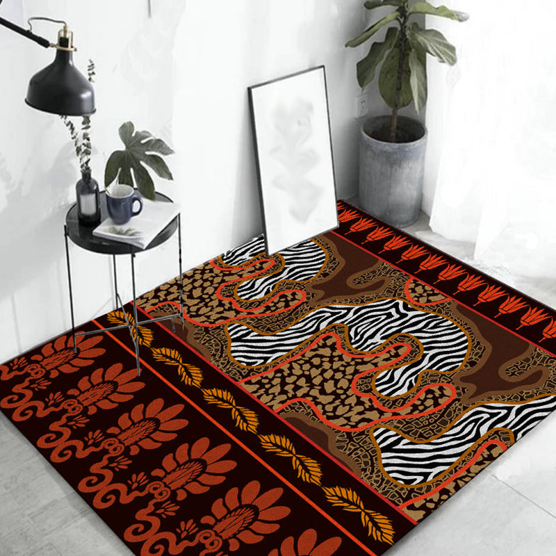 Paisley and Leopard Tribal Rug in Orange Indian Americana Scroll Synthetic Flooring Pet Friendly Stain Resistant Indoor Carpet