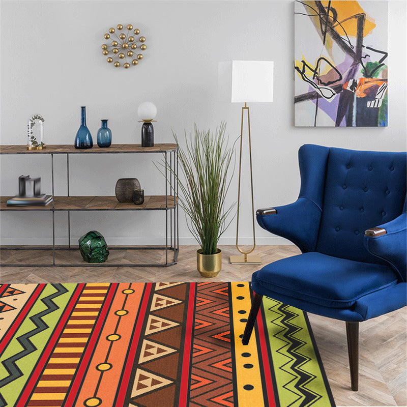 Dark Red Americana Tribal Carpet Striped Geometric Polyester Pet Friendly Stain Resistant Rug for Accent Area