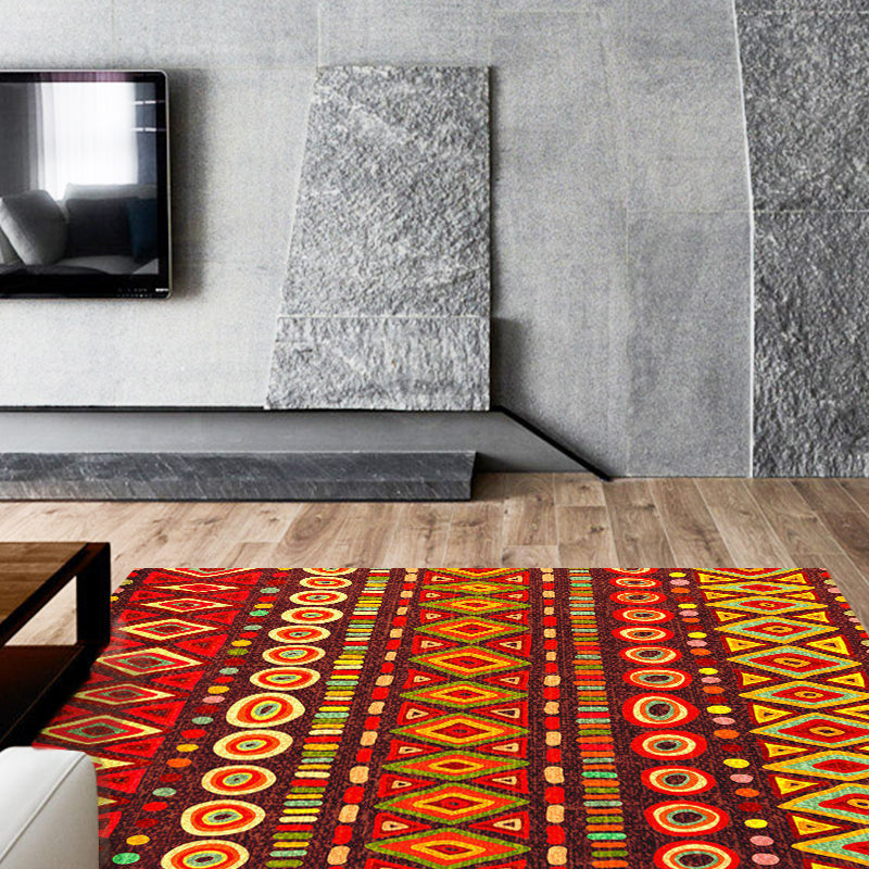 Dark Red Americana Tribal Carpet Striped Geometric Polyester Pet Friendly Stain Resistant Rug for Accent Area