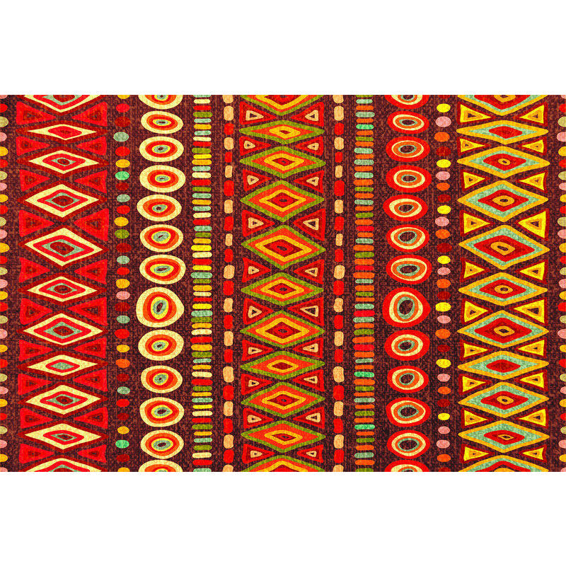 Dark Red Americana Tribal Carpet Striped Geometric Polyester Pet Friendly Stain Resistant Rug for Accent Area