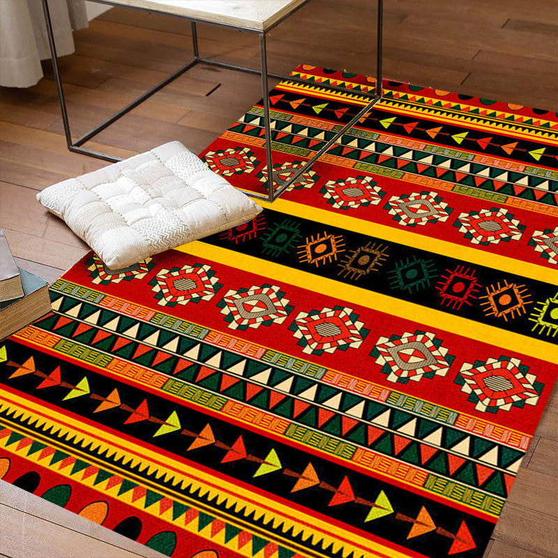 Dark Red Americana Tribal Carpet Striped Geometric Polyester Pet Friendly Stain Resistant Rug for Accent Area