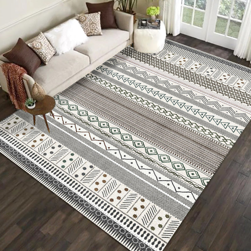 Bohemian Striped Geometric Rug Fabric Rug for Living Room Non-Slip Back Rug in Light Green and Brown