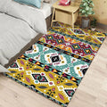 Striped geometric Indian tribal rug with botanical motifs and bows, polyester stain-resistant rug in yellow and green