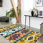 Striped geometric Indian tribal rug with botanical motifs and bows, polyester stain-resistant rug in yellow and green